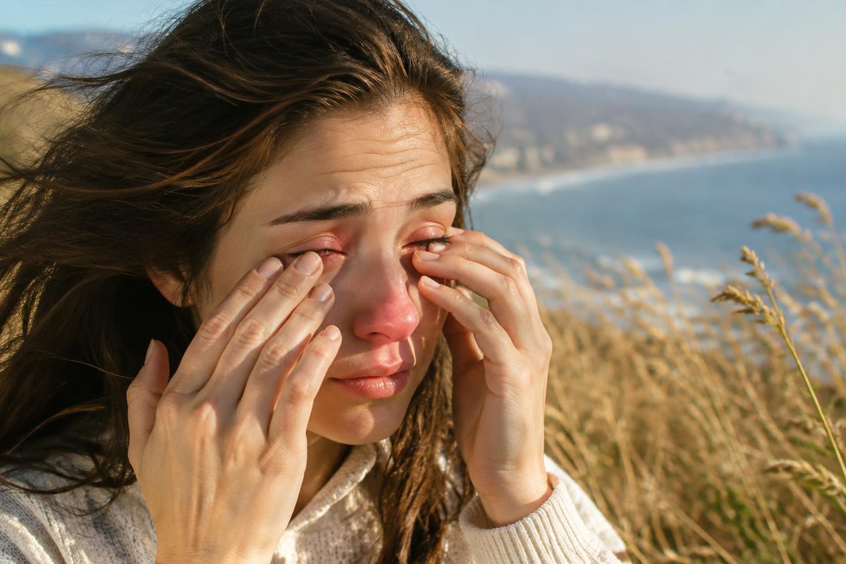 Woman rubbing itchy, red eyes outdoors on a breezy California coastal day