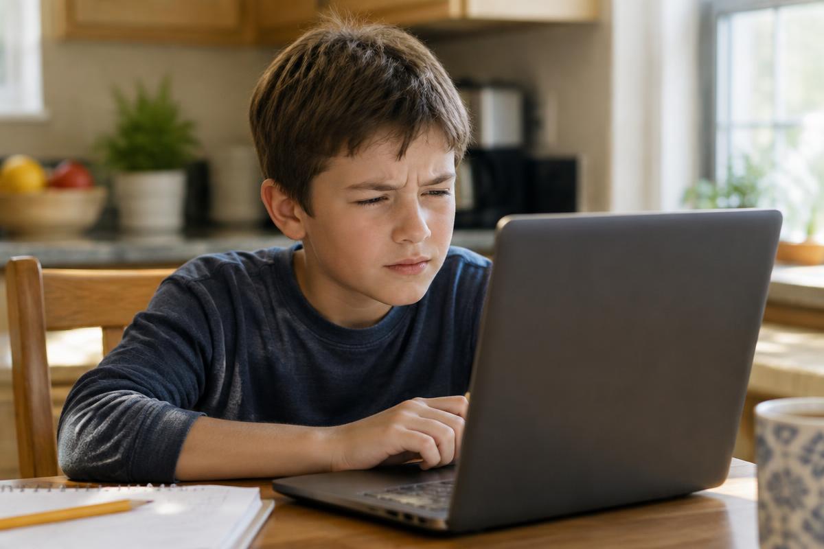 Young boy squinting at a laptop screen while doing homework at the kitchen table