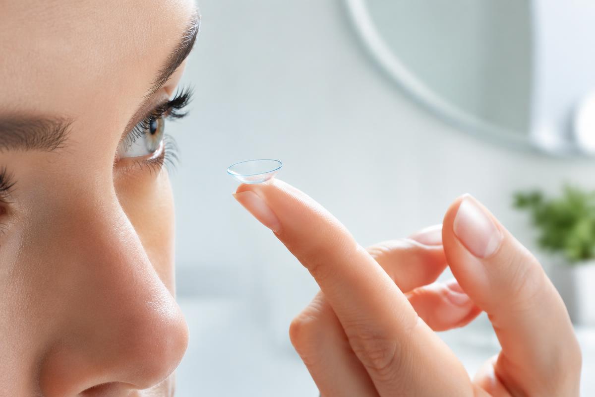 Person placing a soft contact lens on a fingertip in bright natural light