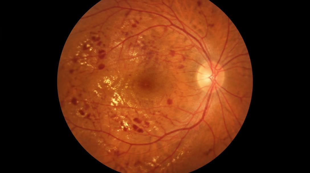 Retinal image showing diabetic retinopathy with hemorrhages and hard exudates