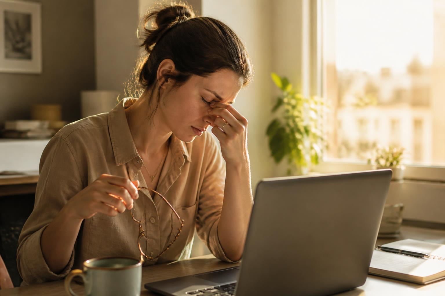 Person rubbing tired, dry eyes while working on a laptop near a sunny window