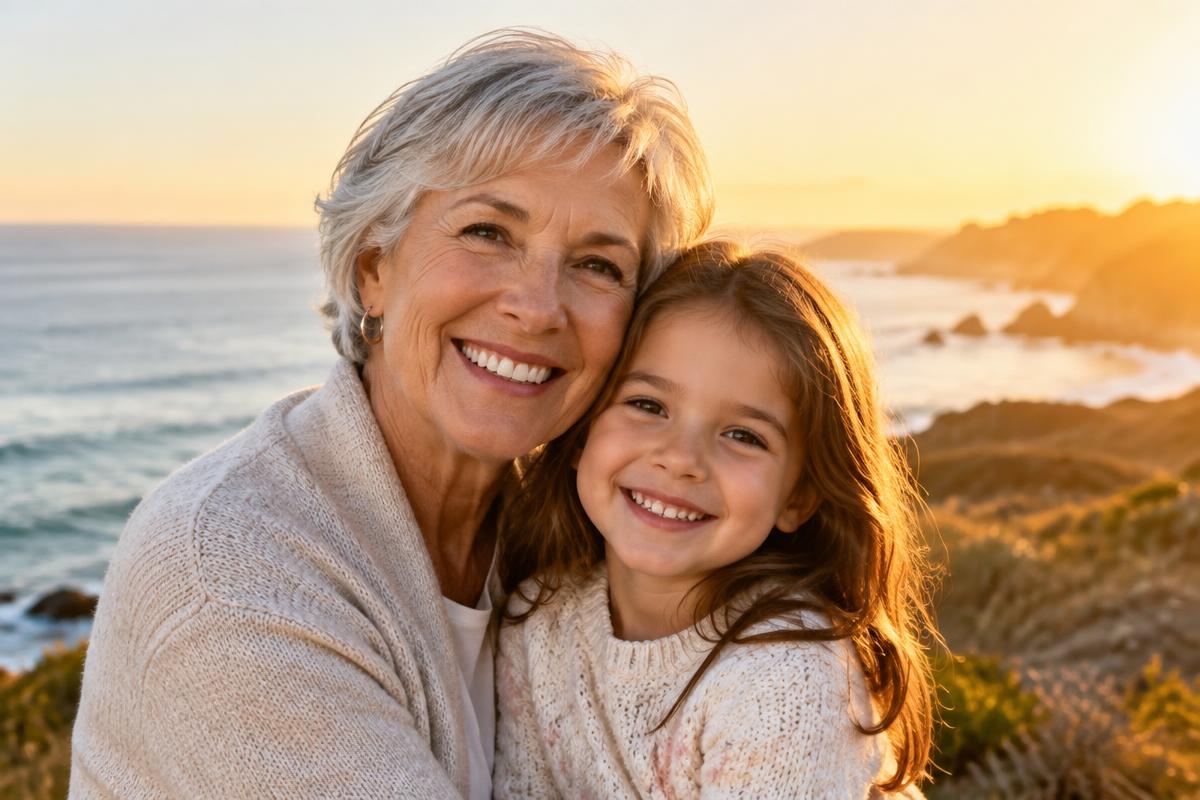 Grandmother and granddaughter smiling together at golden hour on the California coast