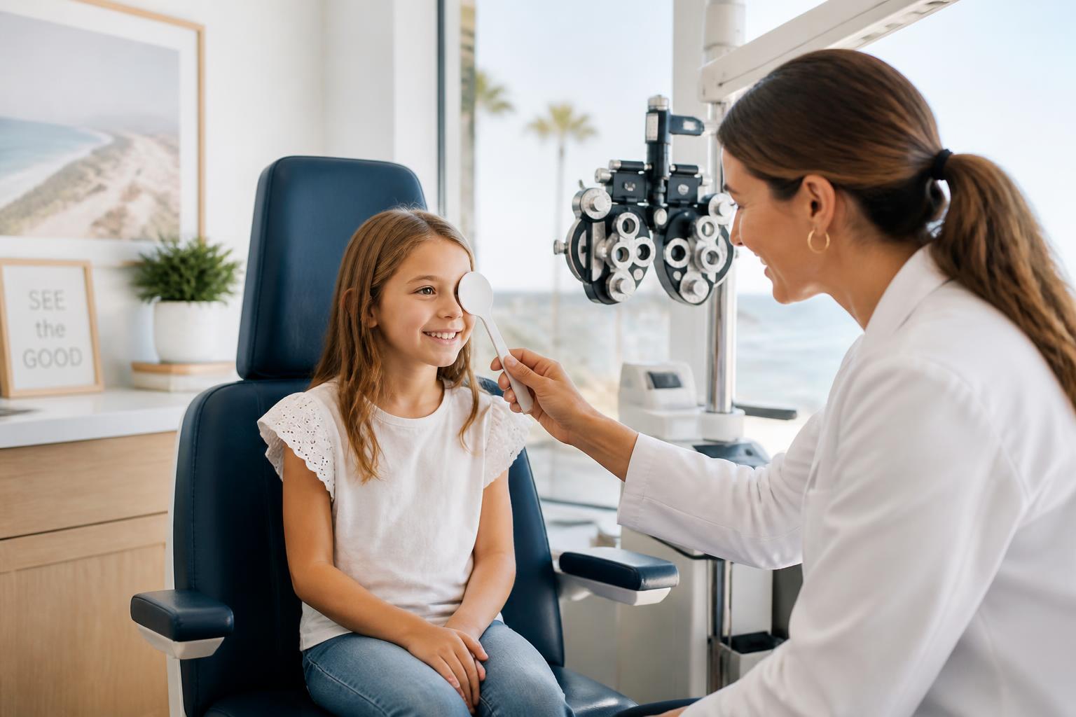 Young girl smiling during a friendly eye exam at a coastal clinic