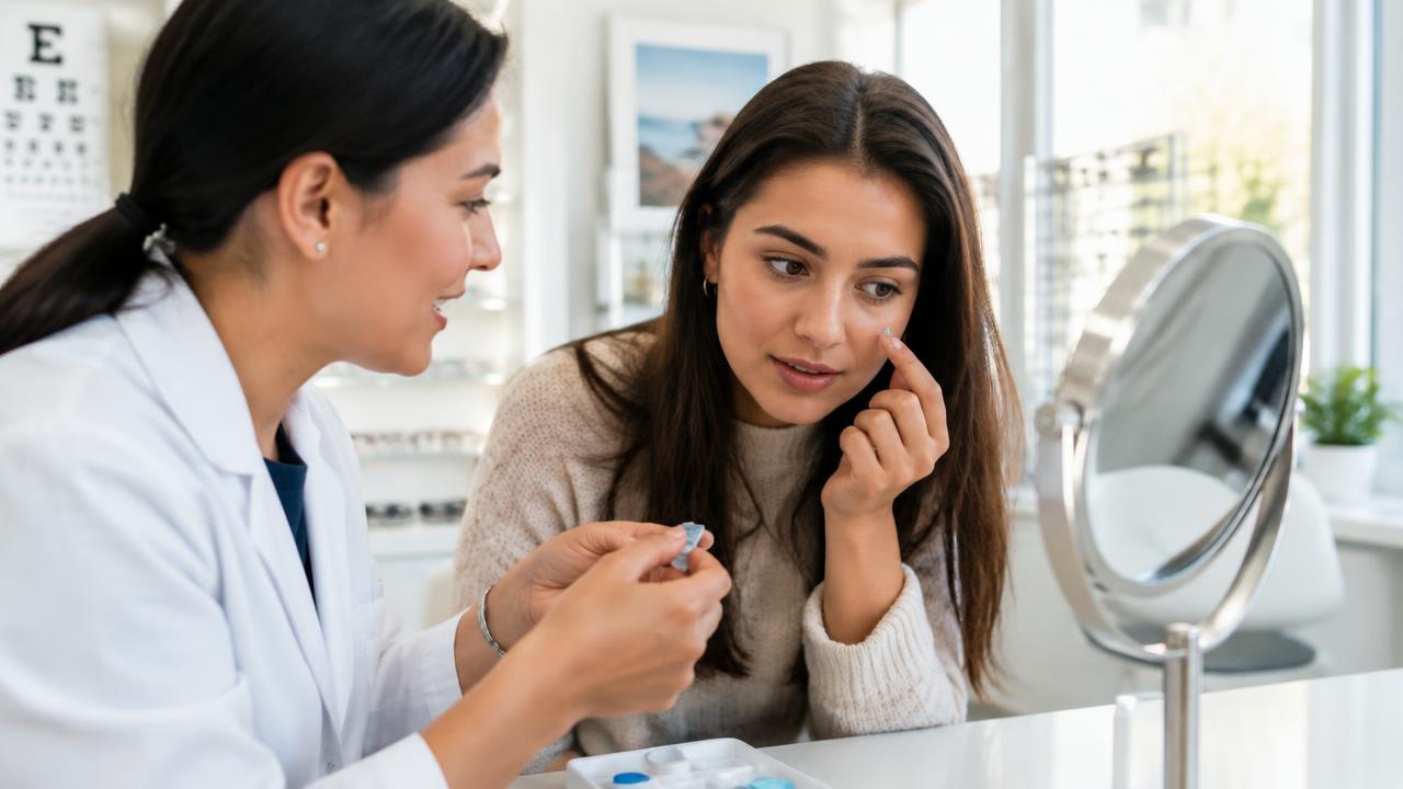 Optometrist teaching a patient how to insert a contact lens at a clinic mirror