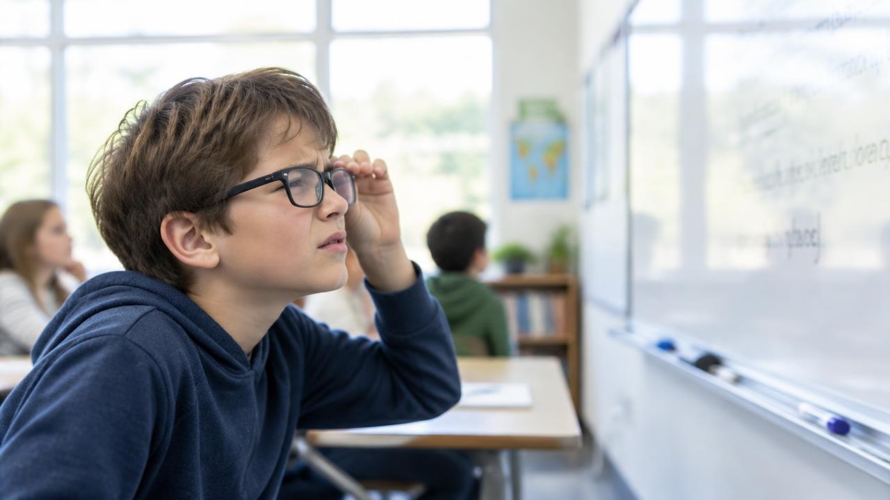 Child in glasses squinting to read the whiteboard in a bright classroom