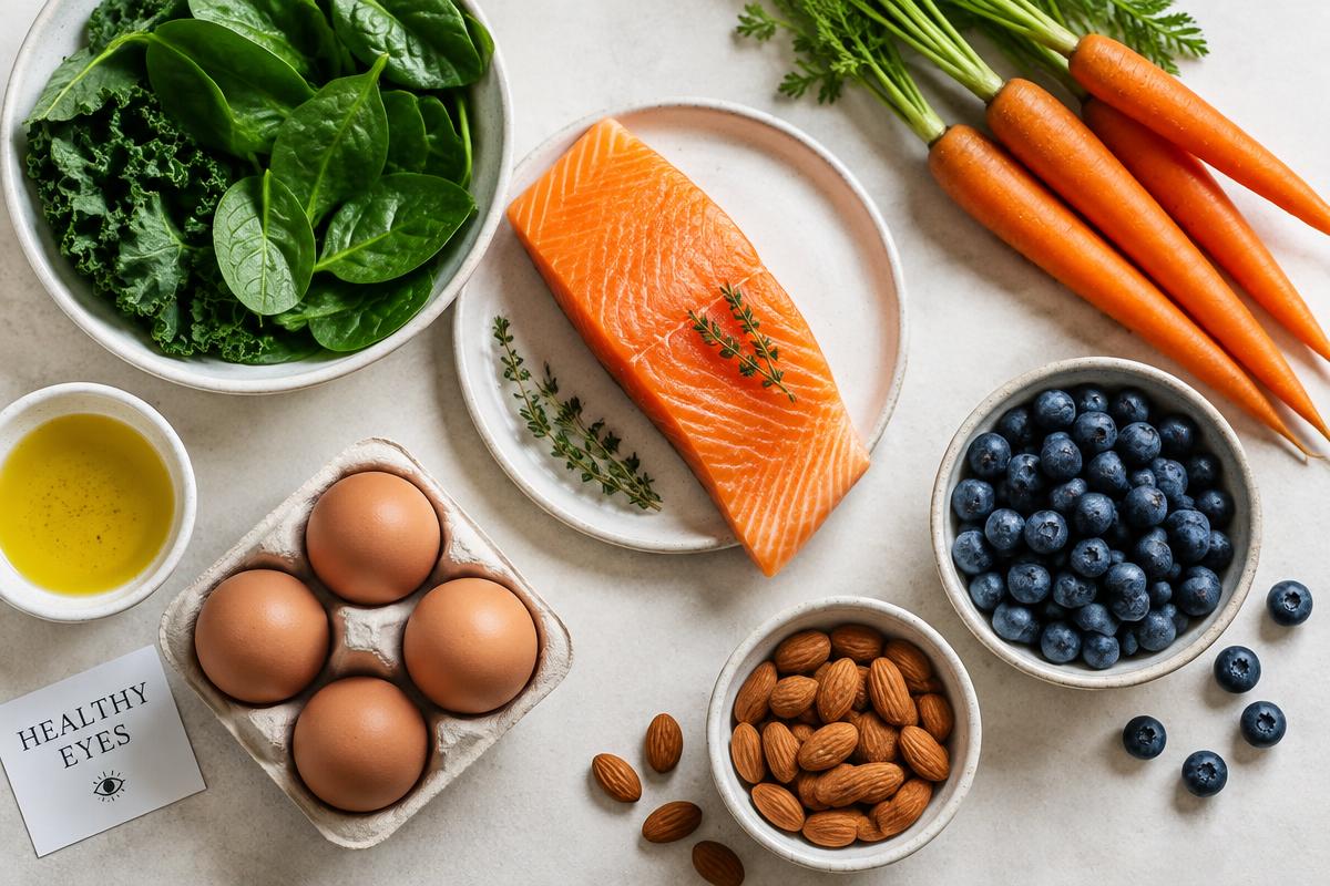 Flat lay of eye-healthy foods including leafy greens, salmon, carrots, blueberries, eggs and almonds