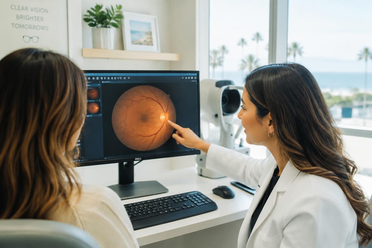 Optometrist reviewing a retinal scan on a monitor in a bright coastal clinic
