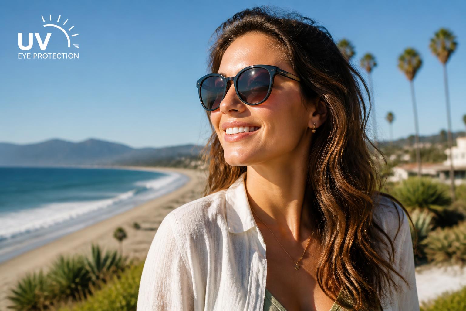 Woman in stylish sunglasses on a sunny Santa Barbara beach with palm trees